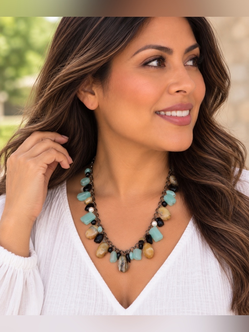 Boho Statement Necklace Aqua Black Cream Faux Stone Beads Artisan Style